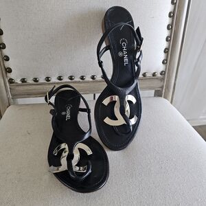 Chanel Black Sandals with Gold Accents